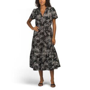 NICOLE MILLER NEW YORK Black/white Linen Blend Toile Tiered Midi Dress